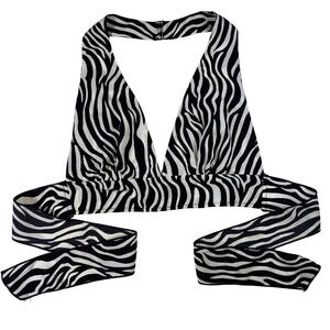 SHEIN Women's Halter Crop Top Tie Back Black & White Zebra Print Sz XS